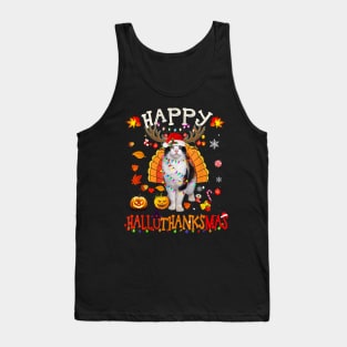 Funny Cat Happy Hallothanksmas Halloween Thanksgiving Tank Top